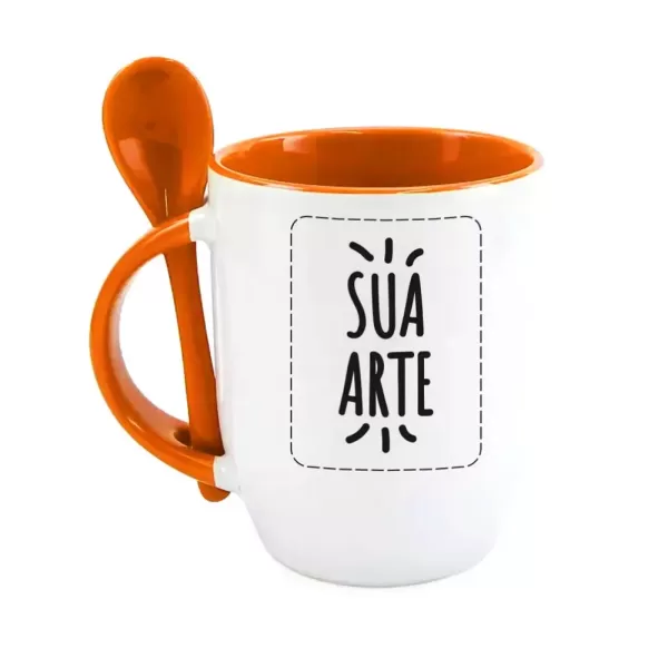 Caneca Alça Colorida Com Colher Laranja 325ml